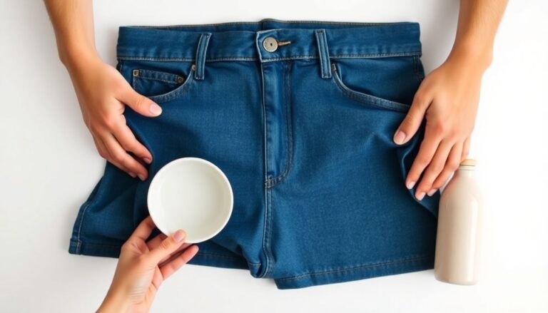 Denim jeans being manually stretched at the waistband to restore size after washing shrinkage