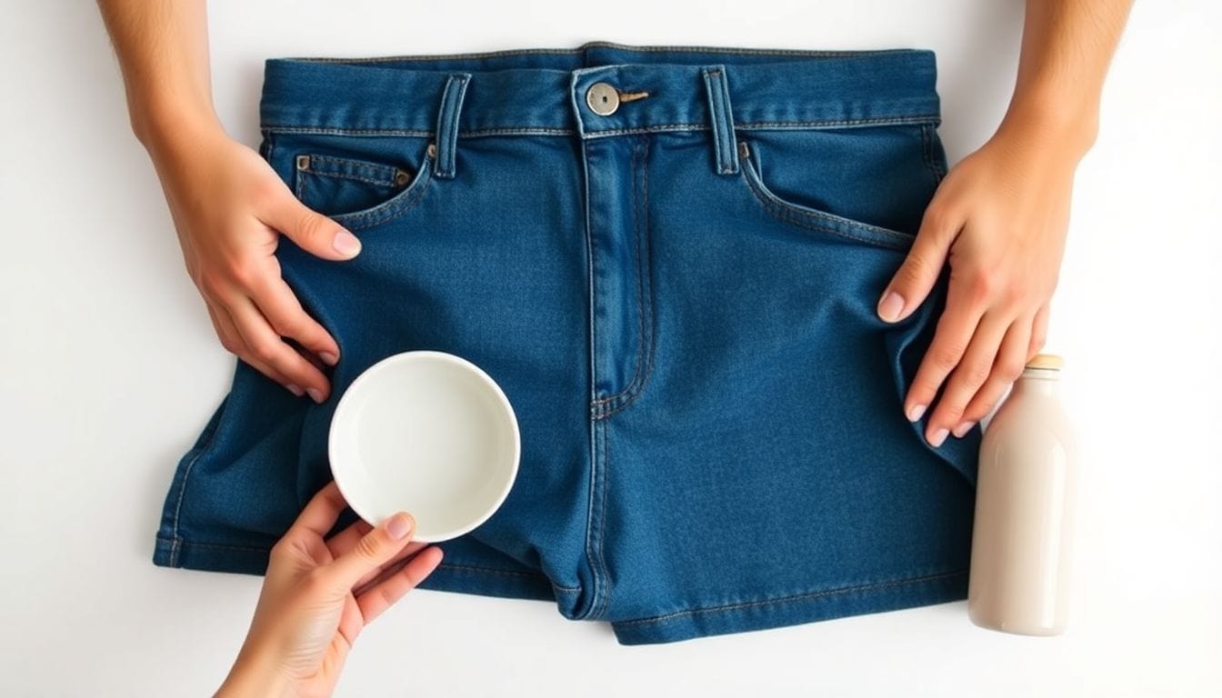 Denim jeans being manually stretched at the waistband to restore size after washing shrinkage