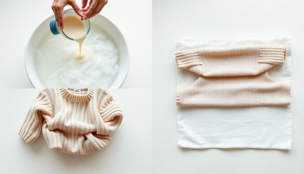 Step-by-step illustration of the hair conditioner soak method for unshrinking a shrunken sweater