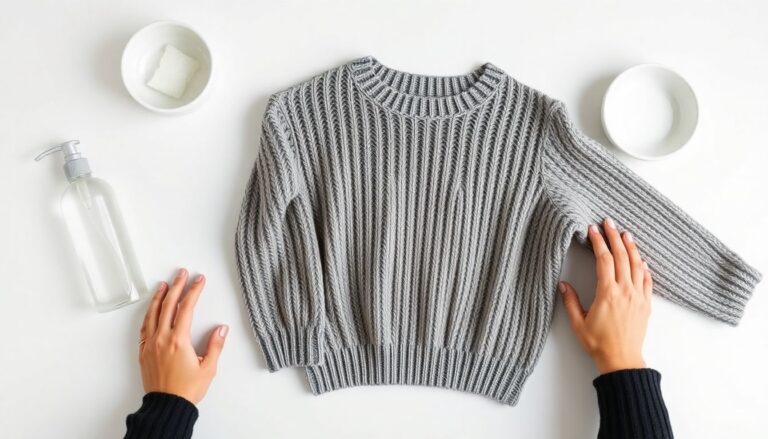Shrunken sweater being stretched back to shape using hair conditioner and water unshrinking method