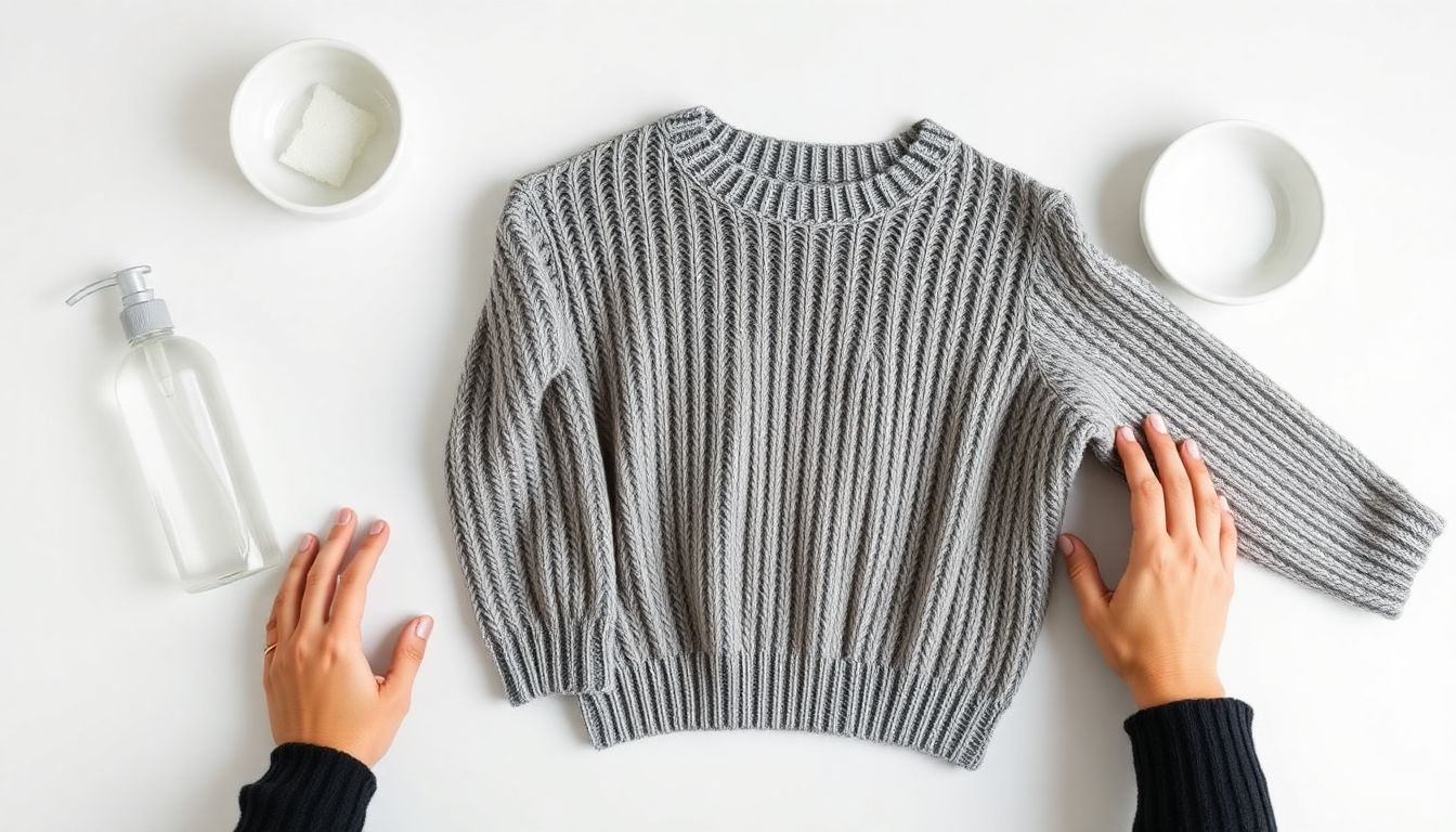 Shrunken sweater being stretched back to shape using hair conditioner and water unshrinking method