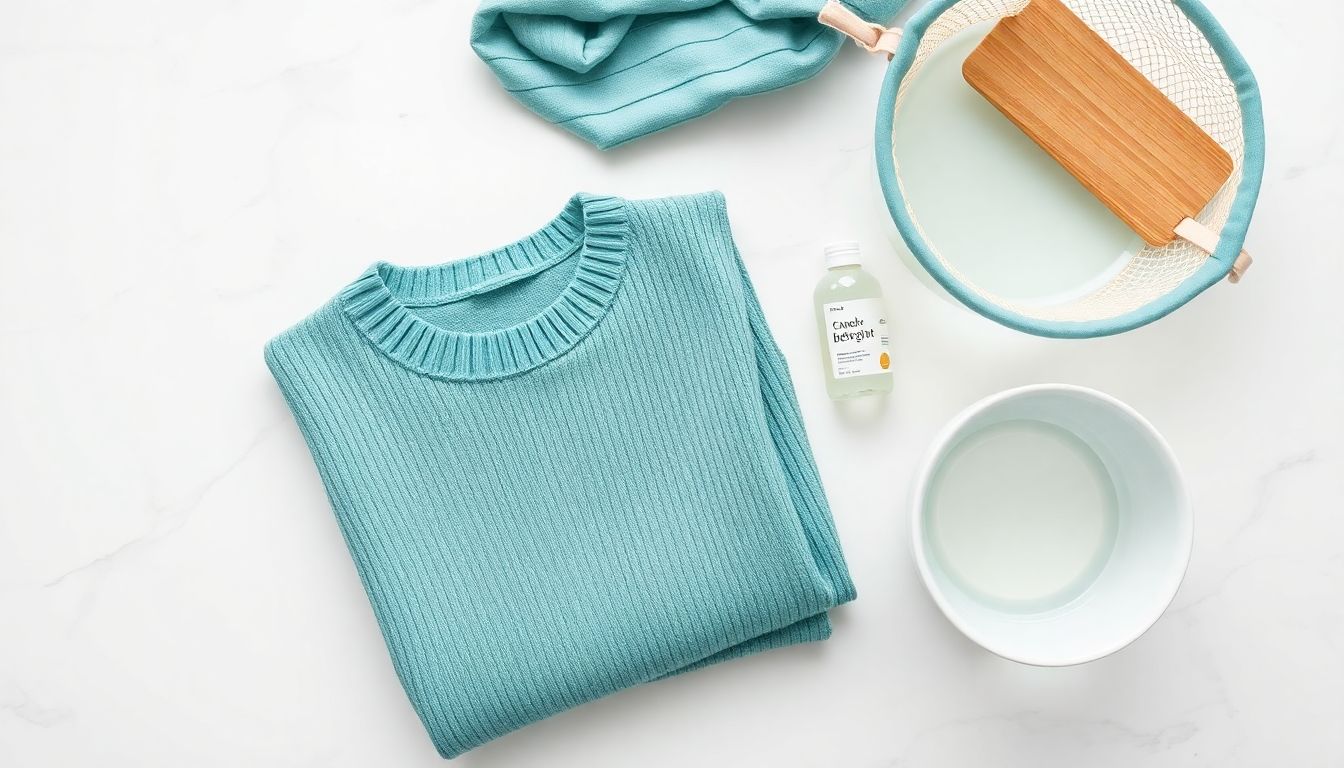 Acrylic knit sweater with mesh laundry bag and gentle detergent showing correct washing supplies to prevent pilling