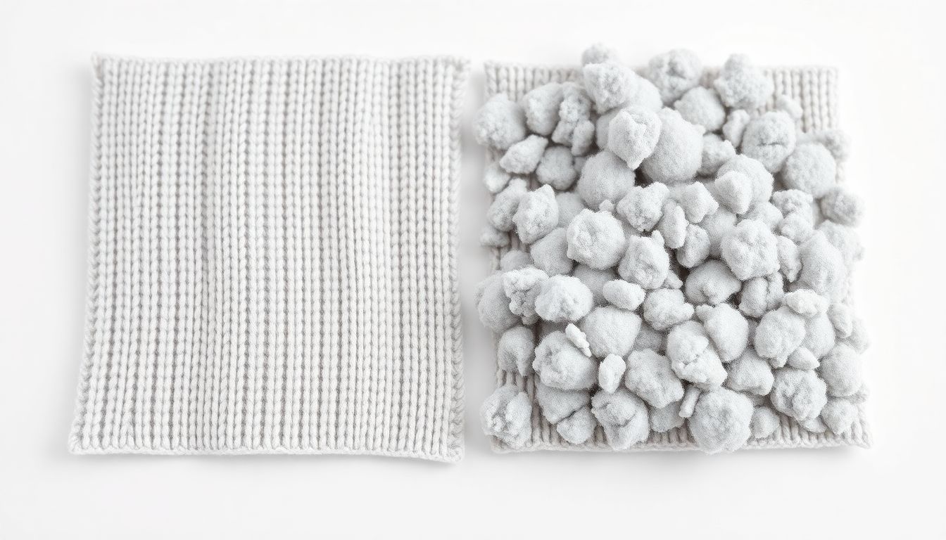Side-by-side comparison of acrylic fabric showing pill-free surface from correct cold gentle washing versus heavy pilling from hot agitated washing