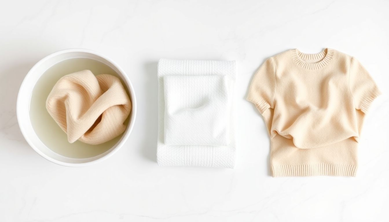 Four-step cashmere washing sequence showing cold water soak, gentle pressing, towel moisture removal, and flat drying