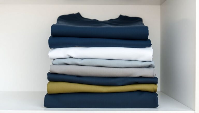 Neatly folded cotton t-shirts in multiple colors on clean shelf showing results of correct cotton washing and care