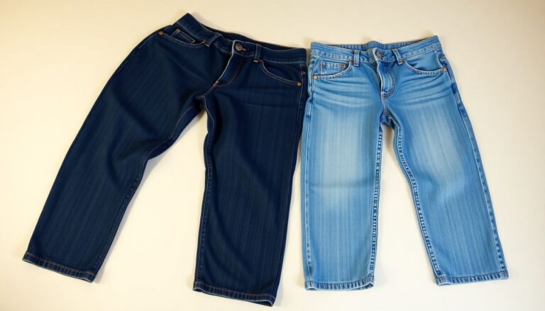 Side by side comparison of dark indigo jeans versus over-faded jeans showing effect of washing method on denim color