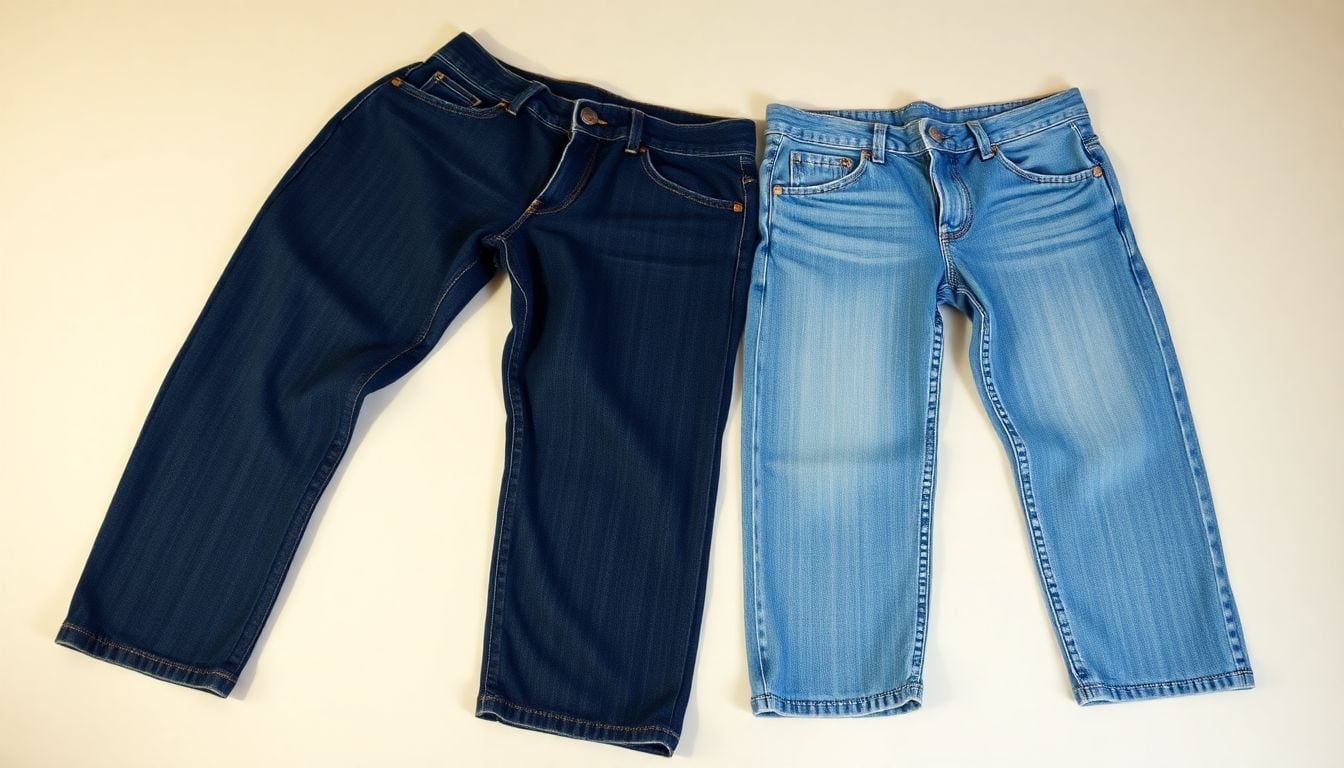 Side by side comparison of dark indigo jeans versus over-faded jeans showing effect of washing method on denim color
