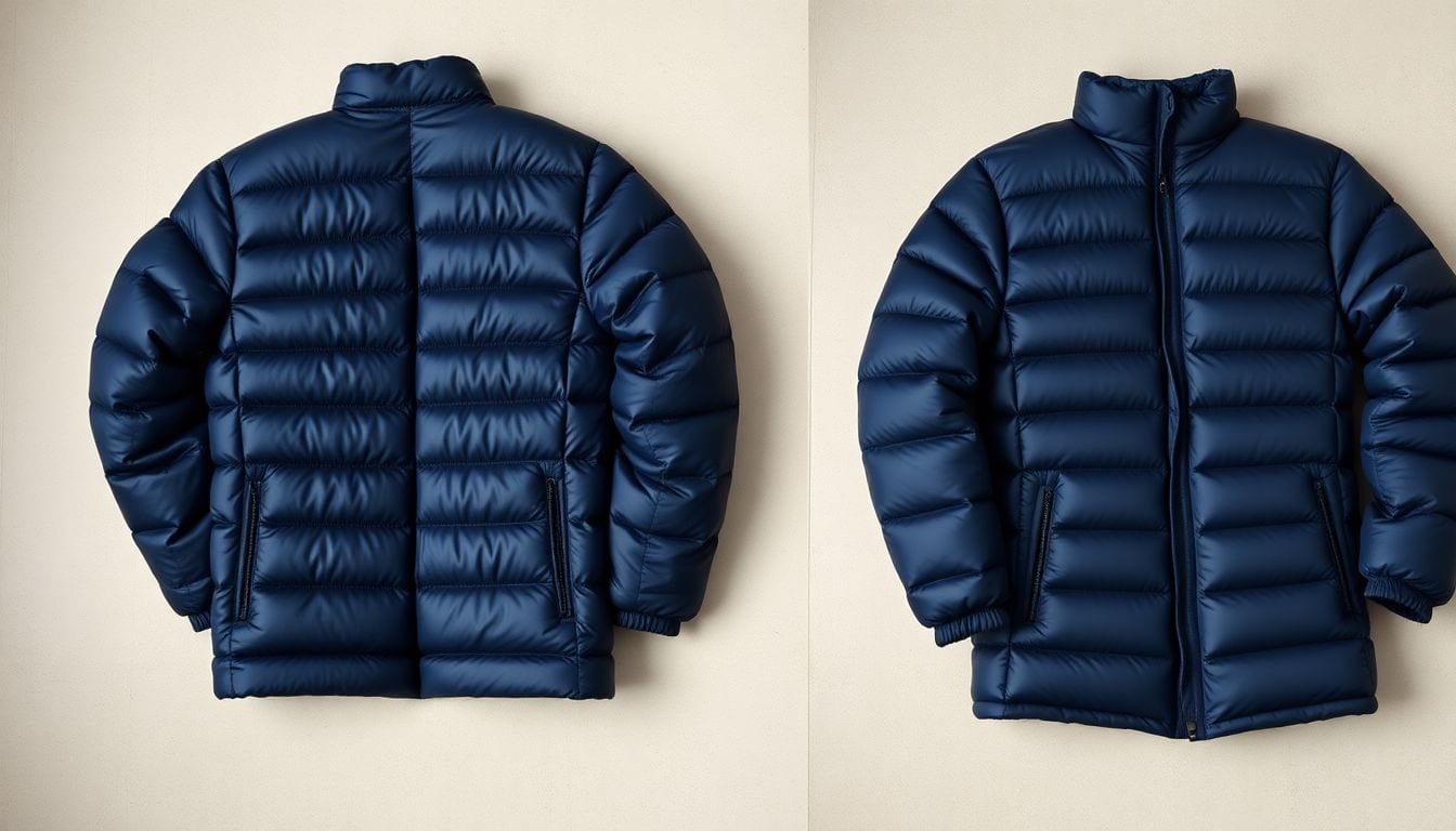 Before and after comparison showing flat clumped down jacket versus fully restored lofted down jacket after correct washing and drying