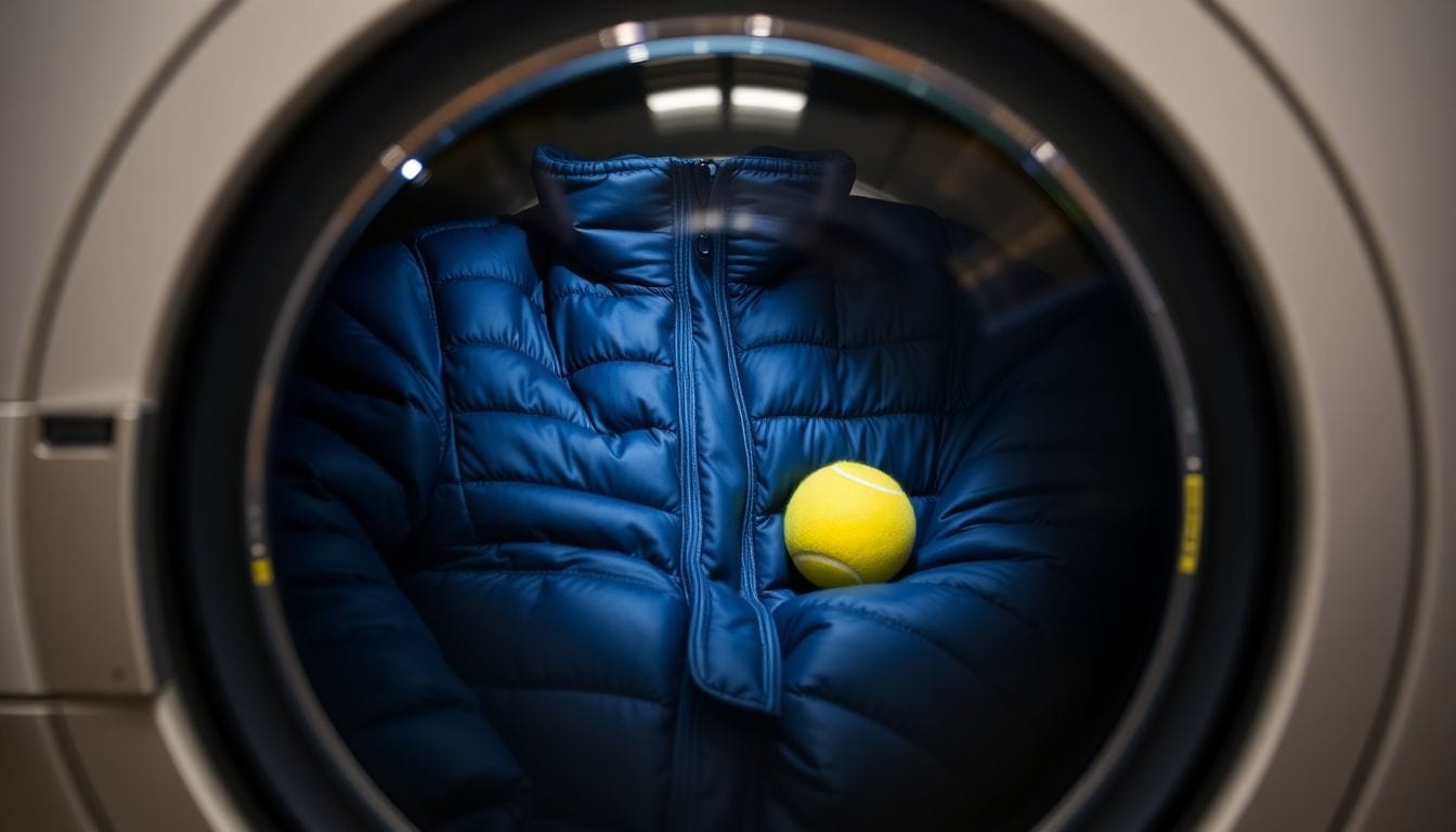 Down jacket in washing machine with tennis balls showing the correct technique for washing and restoring down fill loft