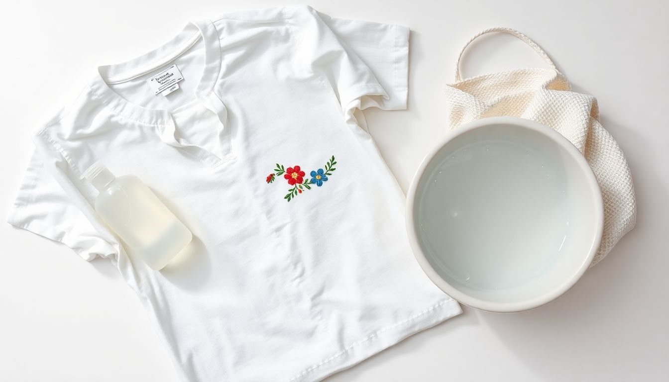 Embroidered white shirt beside mesh laundry bag and gentle detergent showing correct washing preparation method