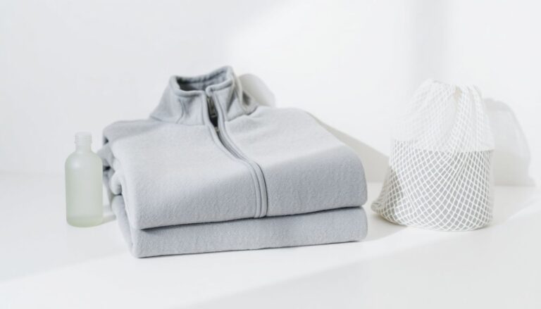 Folded fleece jacket with gentle detergent and mesh laundry bag on white surface for pilling-free washing