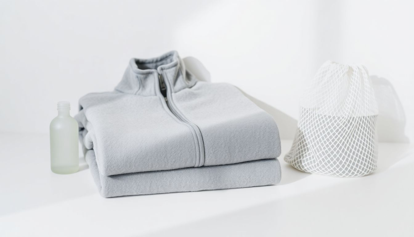 Folded fleece jacket with gentle detergent and mesh laundry bag on white surface for pilling-free washing