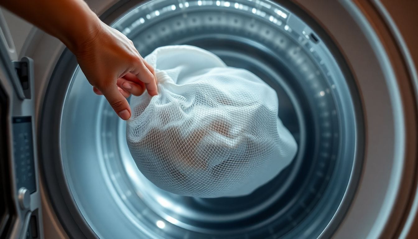 Washing machine control panel set to cold gentle cycle with fleece garment in mesh laundry bag visible through door