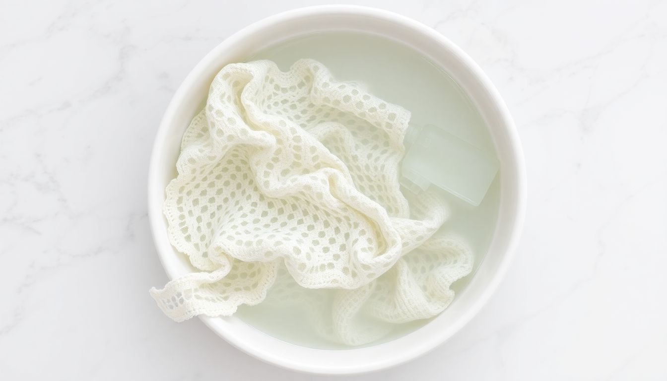 Lace fabric submerged in cool water in a white basin showing correct hand washing method for delicate lace