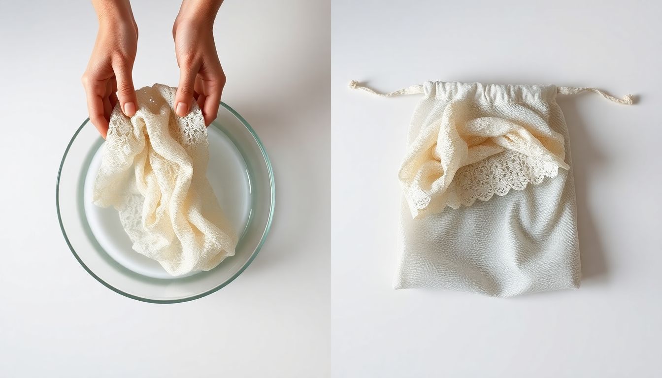 Comparison illustration showing hand washing lace in basin versus machine washing lace inside a mesh laundry bag