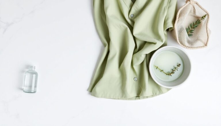 Modal fabric and Tencel blouse beside pH-neutral detergent and mesh laundry bag for eco-fiber washing care