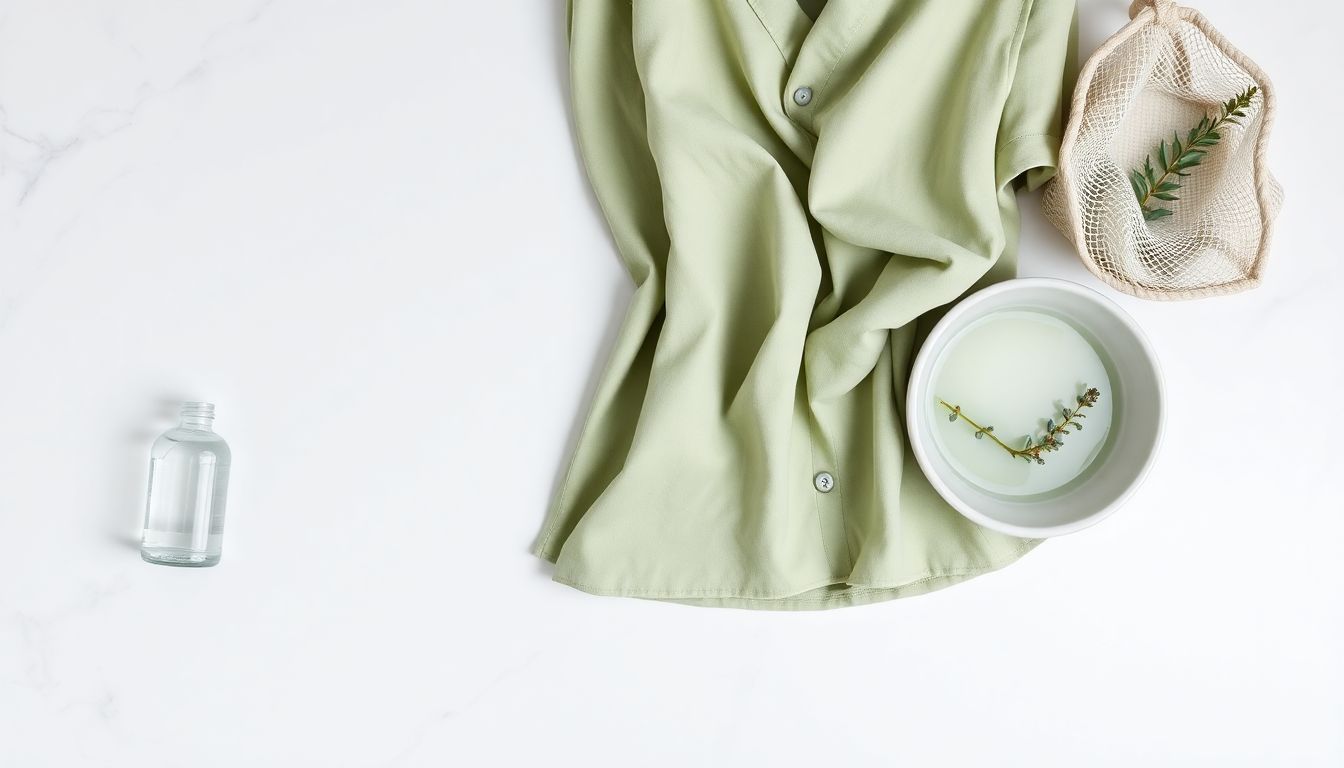 Modal fabric and Tencel blouse beside pH-neutral detergent and mesh laundry bag for eco-fiber washing care