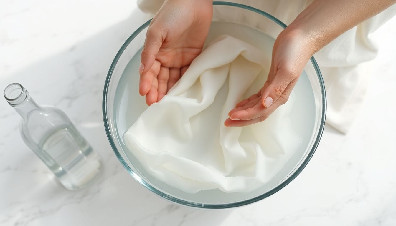 Silk blouse being gently hand washed in cold water with silk detergent showing proper delicate fabric washing technique