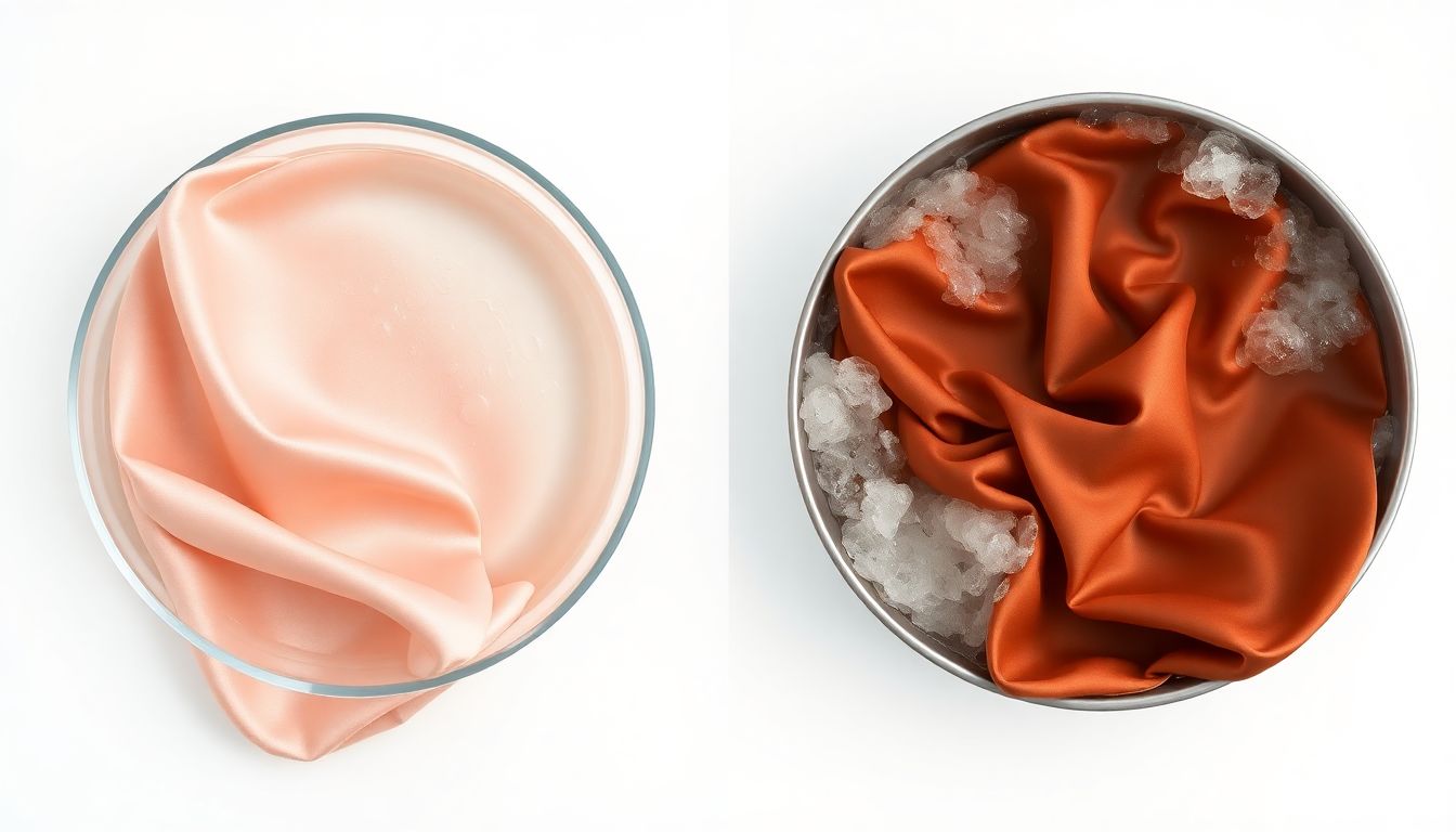 Silk washing do's and don'ts comparison showing correct cold water gentle method versus harmful hot water and wringing techniques