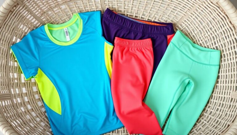 Collection of synthetic athletic garments in laundry basket showing polyester running shirt nylon shorts and spandex leggings ready for washing
