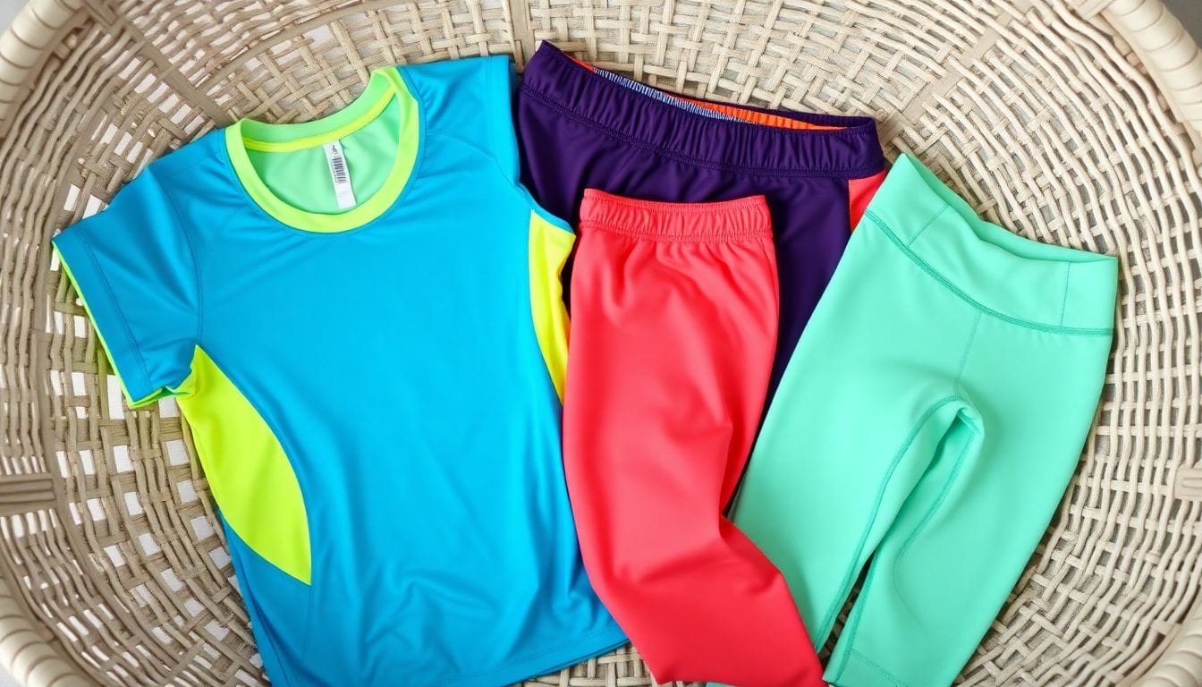 Collection of synthetic athletic garments in laundry basket showing polyester running shirt nylon shorts and spandex leggings ready for washing