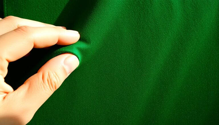 Green velvet fabric showing upright pile structure with hand demonstrating correct direction of stroke to maintain pile appearance