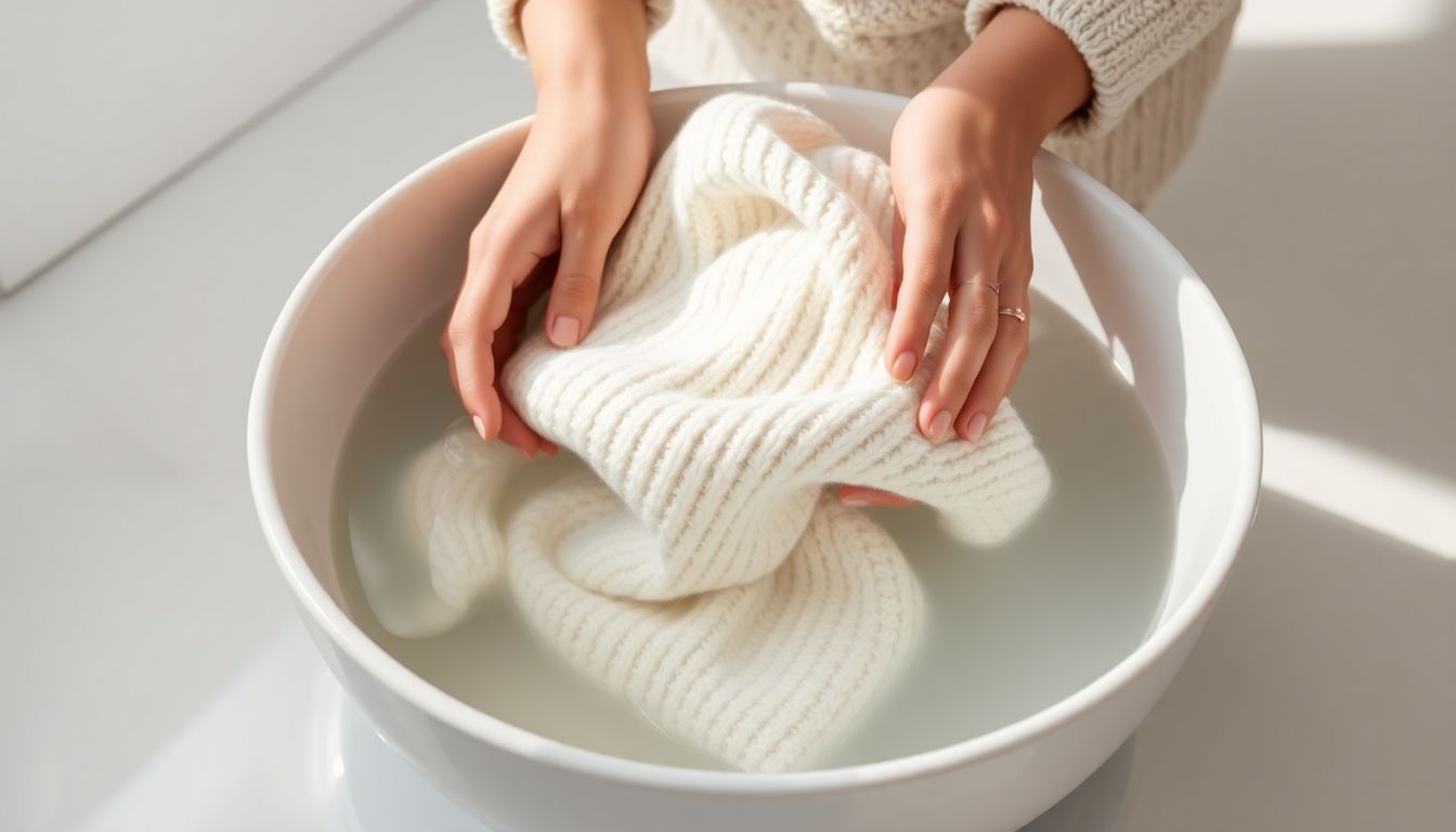 Hands gently washing wool sweater in cold water basin showing correct low-agitation wool washing technique