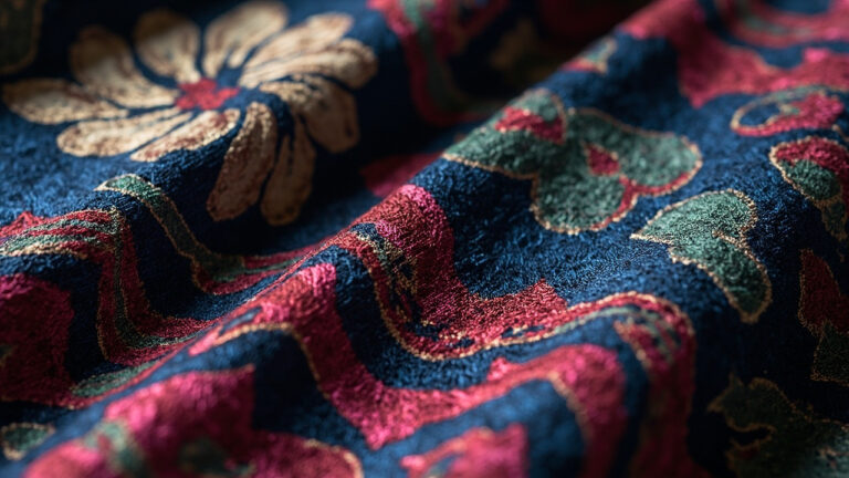 Macro photograph of jacquard woven damask fabric showing intricate pattern created by individual warp thread control