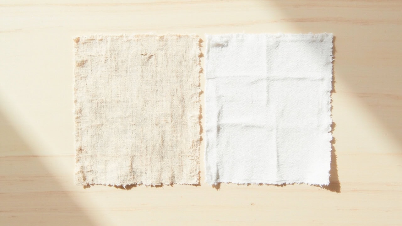 Linen fabric swatch on left compared to cotton fabric swatch on right showing weave texture differences for summer clothing