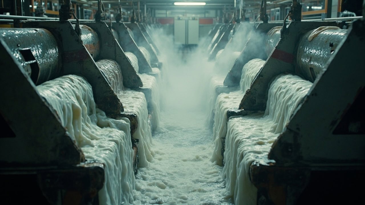 Process flow diagram of mercerization machine showing cotton fabric treatment stages from NaOH bath through rinsing and neutralization