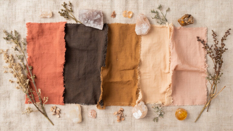 Fabric samples dyed with madder root showing color differences between alum iron tannin and untreated mordant combinations in natural dyeing