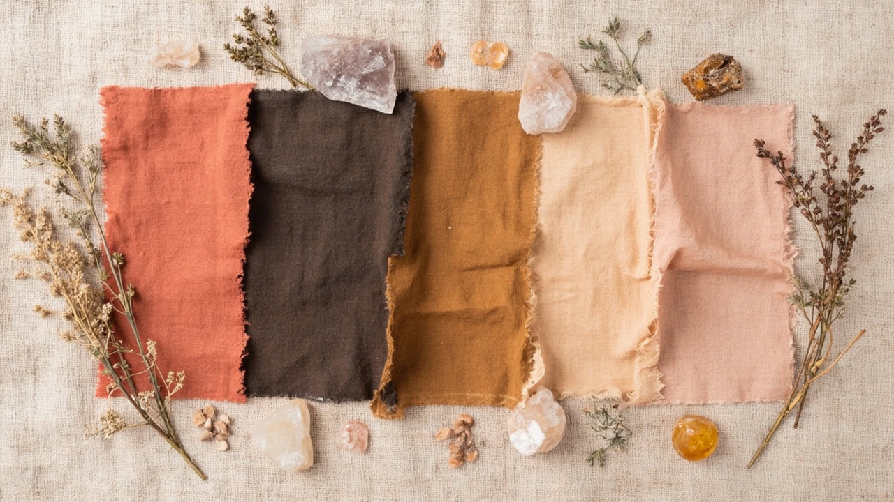 Fabric samples dyed with madder root showing color differences between alum iron tannin and untreated mordant combinations in natural dyeing