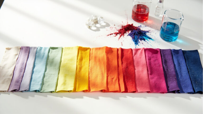 pH scale diagram showing fabric dye color results at alkaline acidic and neutral conditions with laboratory equipment