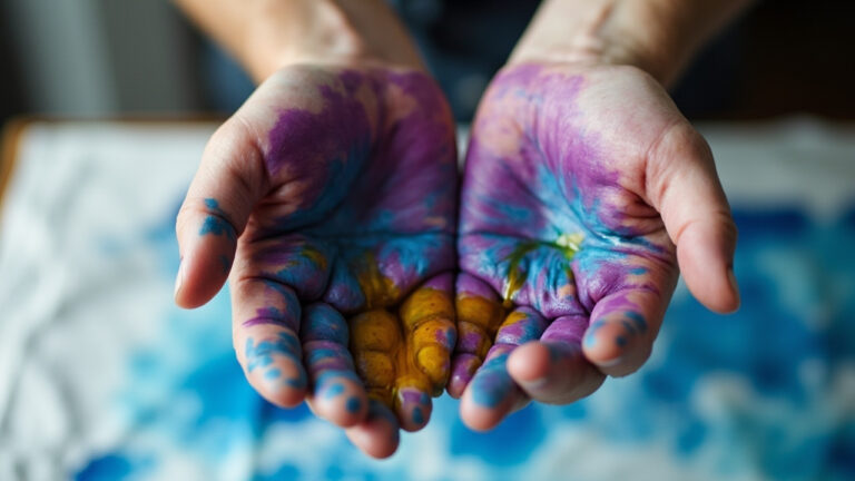 Hands with fabric dye stains being treated with olive oil showing correct dye removal method from skin