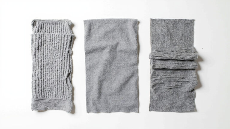 Three knit fabric samples showing rib knit with vertical ribs, smooth interlock, and single jersey with visible knit stitches