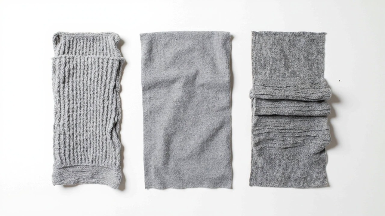 Three knit fabric samples showing rib knit with vertical ribs, smooth interlock, and single jersey with visible knit stitches