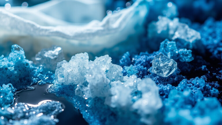 White cotton fabric absorbing blue reactive dye in a bath with dissolving salt crystals showing electrolyte-assisted dyeing