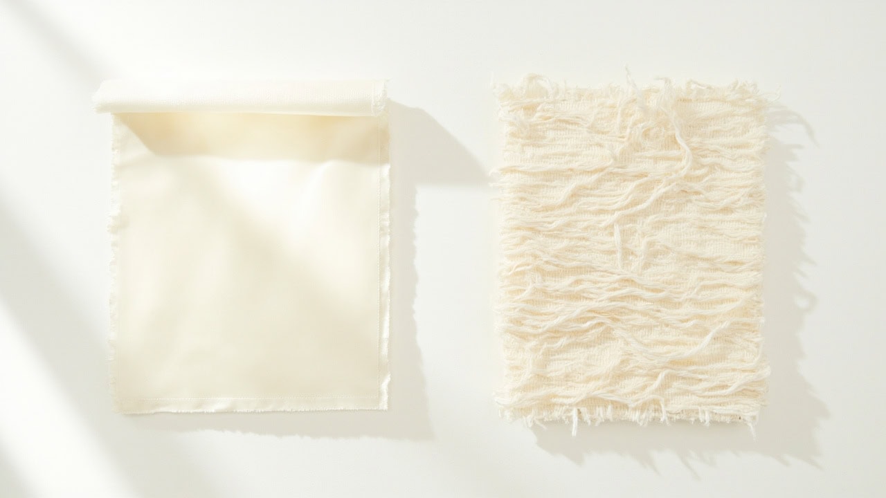 Satin weave fabric swatch with high glossy warp floats beside sateen weave swatch with subtle weft float sheen