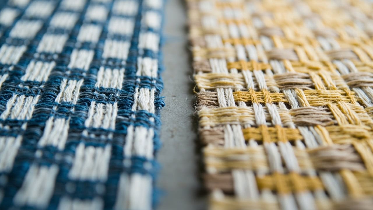 Diagram comparing satin weave cross-section with warp floats to sateen weave cross-section with weft floats