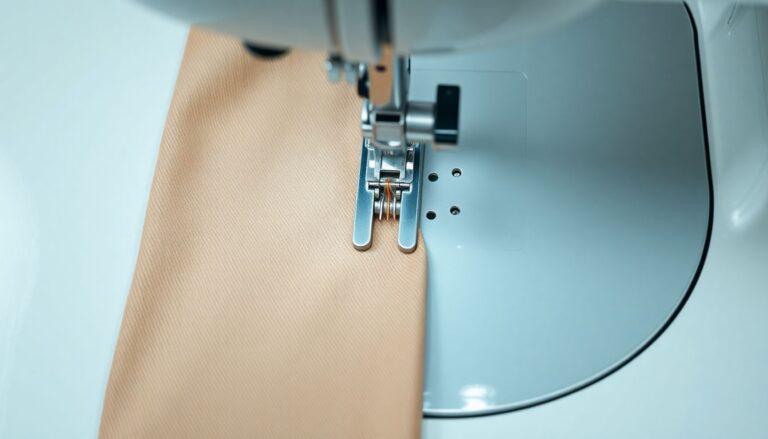 Sewing machine thread path diagram showing tension discs and needle area with fabric being sewn
