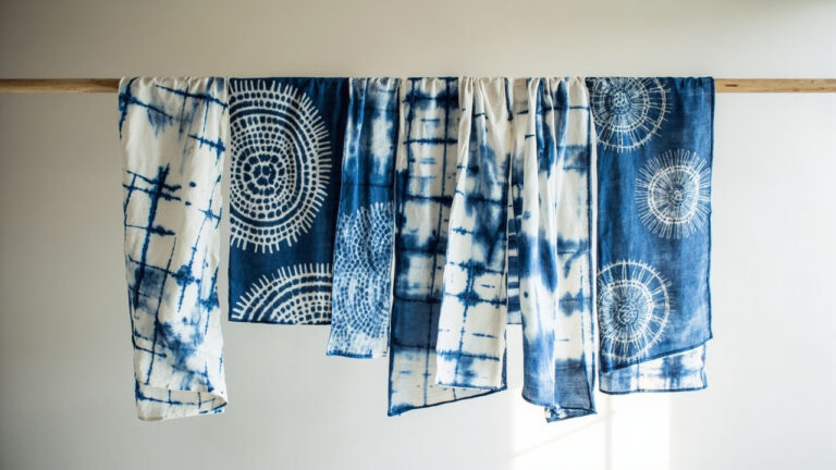 Traditional Japanese shibori dyed fabric displaying arashi kumo and itajime patterns in indigo blue on white cotton