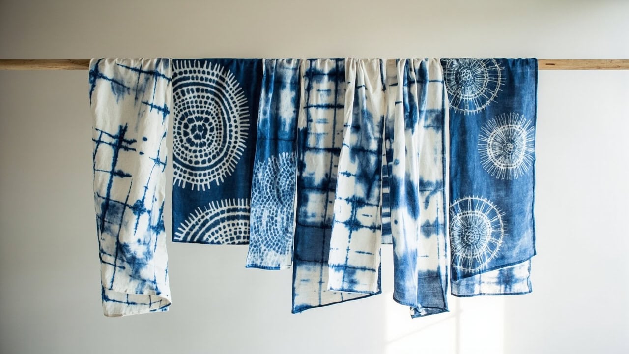 Traditional Japanese shibori dyed fabric displaying arashi kumo and itajime patterns in indigo blue on white cotton