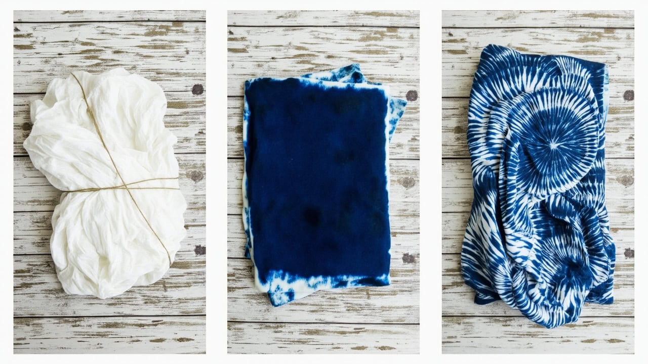 Step by step illustration showing three shibori techniques itajime arashi and kumo from fabric binding through indigo dyeing to final oxidized blue pattern