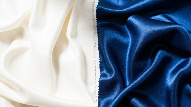 Split comparison of silk fabric showing irregular protein fibers versus satin weave showing floating thread structure