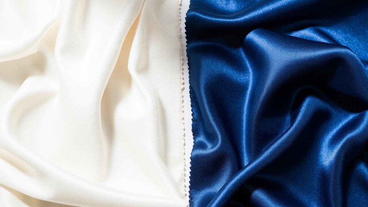 Split comparison of silk fabric showing irregular protein fibers versus satin weave showing floating thread structure