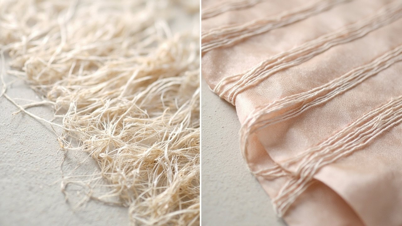 Cross-section diagram comparing silk protein fiber structure versus satin weave floating thread pattern
