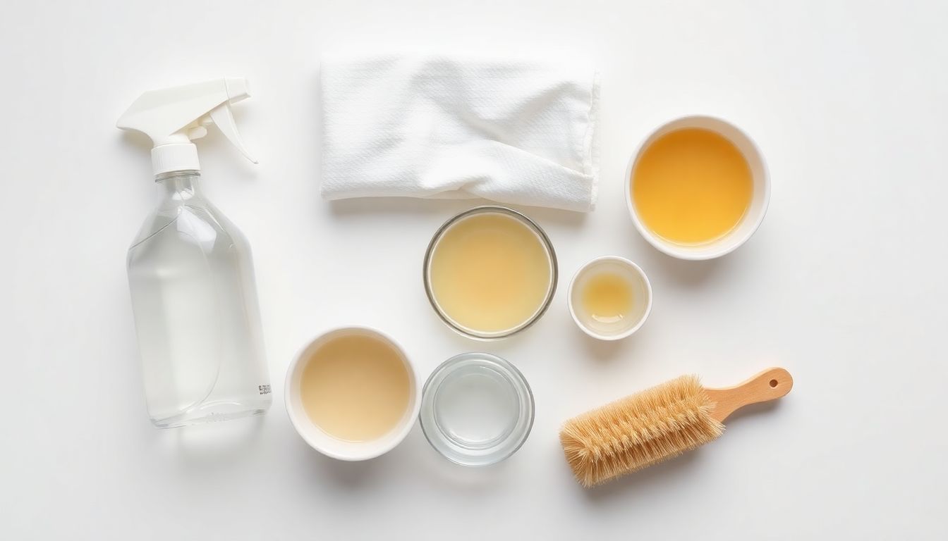 Stain removal supplies including spray bottle and clean cloths for treating clothes stains