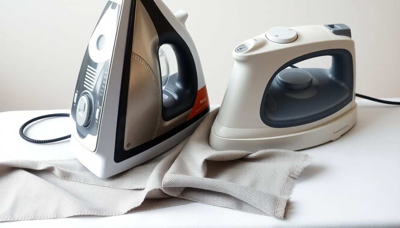 Steam iron and dry iron comparison with fabric swatches showing which iron type is best for each fabric