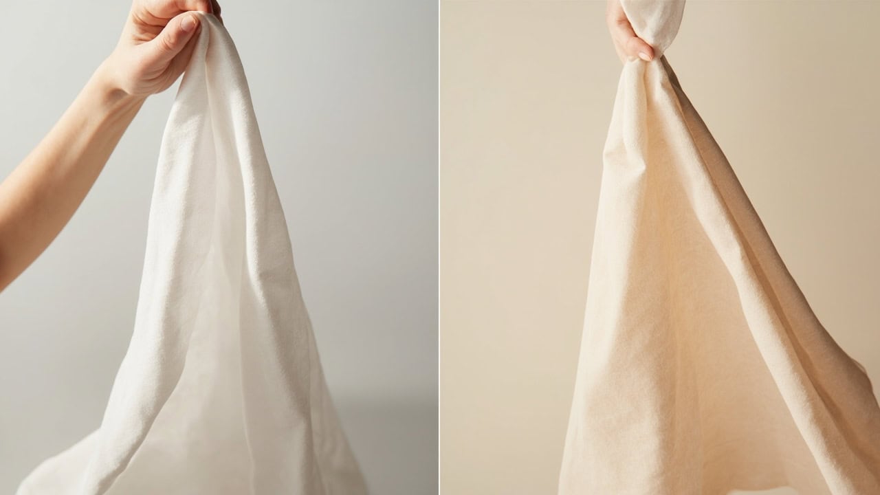 Tencel lyocell fabric with smooth silky drape beside cotton fabric with matte textured drape showing comfort difference