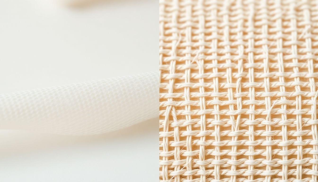 Split diagram comparing UV-absorber chemical finish (left) versus high-density weave construction (right) as two methods to achieve UPF 50+ UV protection in fabrics